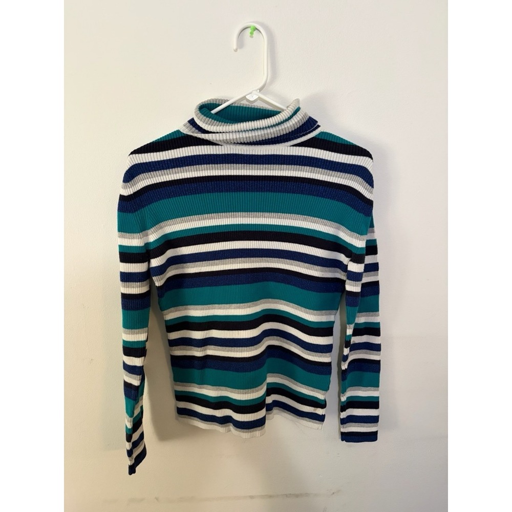 Liz Claiborne Sweater Turtleneck L Petite Pullover Teal Blue/Gray/Ivory Stripe